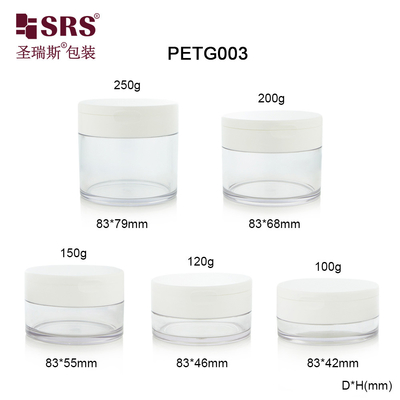 PETG003 100g 120g 150g 200g 250g Yüz kremi vücut fırçalama ambalajı için şeffaf PETG plastik kavanoz konteyneri
