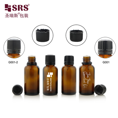 G001-2 Amber Yuvarlak Kalıplı Cam Şişesi Temel Yağ Konteyneri Ambalajı İçin Döşeme Kanıtlı Döşeme Kapaklı Plastik Fiş